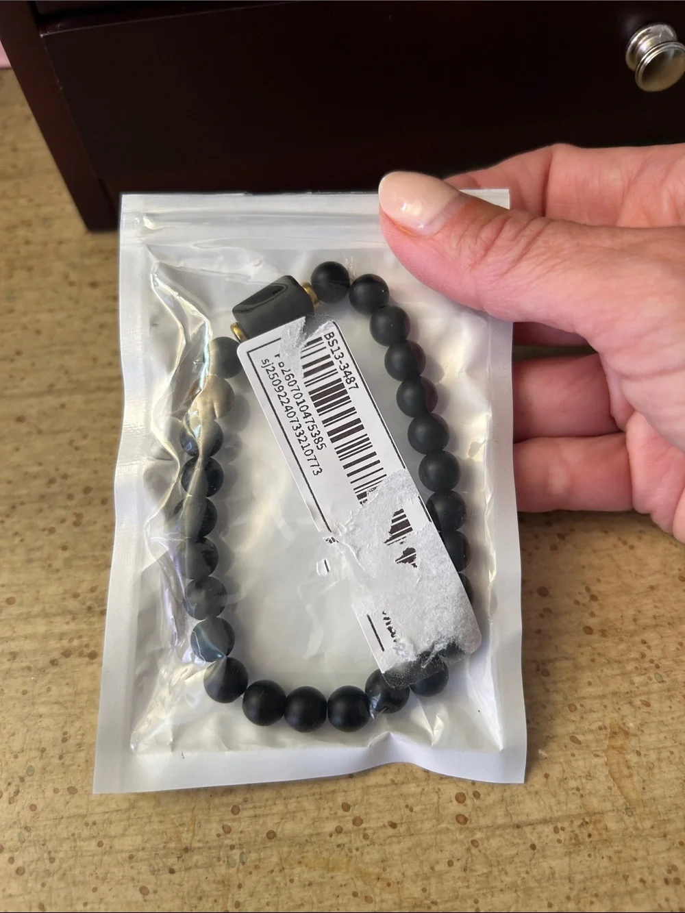 Matte Black Beaded Men's Stretch Bracelet with Brown Accent